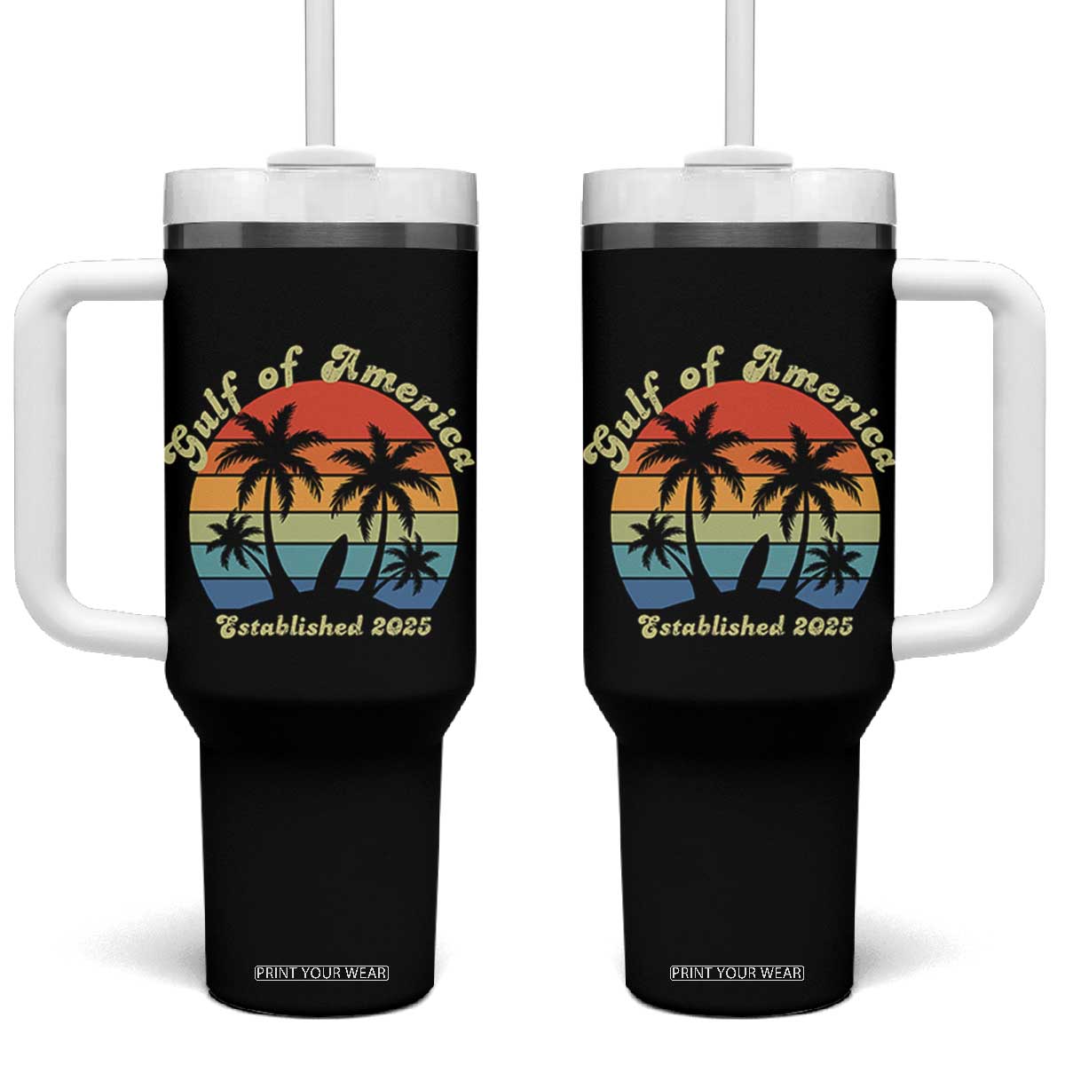 Gulf Of USA Tumbler With Handle Island Palm Summer Beach Vibes Established 2025 TS10 One Size: 40 oz Black Print Your Wear