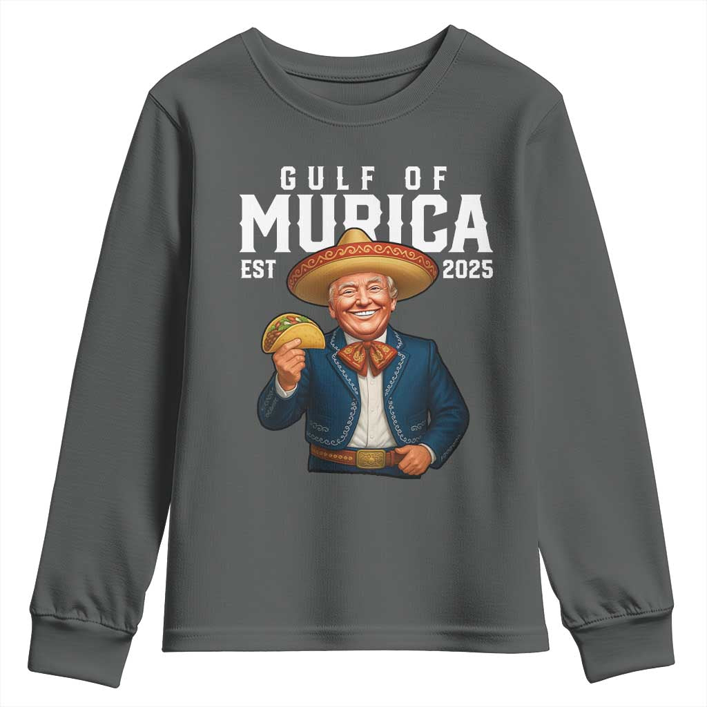 Gulf of Murica Est. 2025 Youth Sweatshirt Funny Trump Sombrero Taco Parody TS02 Dark Heather Print Your Wear