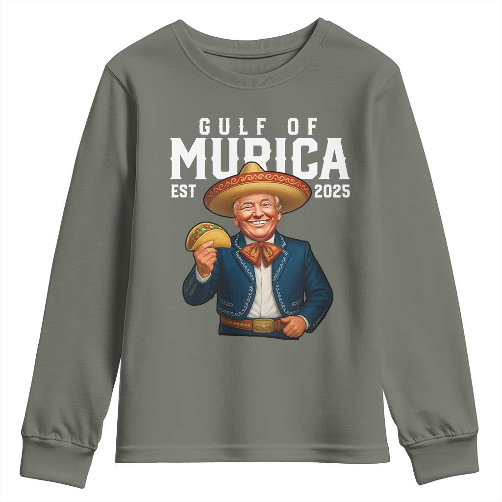 Gulf of Murica Est. 2025 Youth Sweatshirt Funny Trump Sombrero Taco Parody TS02 Military Green Print Your Wear