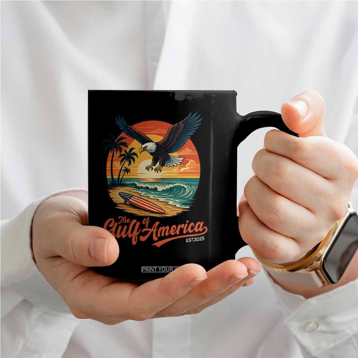 Gulf of USA 2025 Bald Eagle Coffee Mug Vintage Patriotic Beach Sunset 4th Of July TS02 Print Your Wear