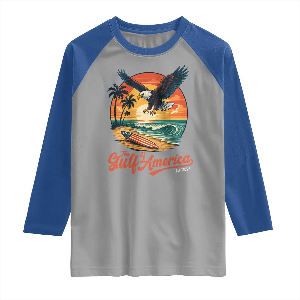 Gulf of USA 2025 Bald Eagle Raglan Shirt Vintage Patriotic Beach Sunset 4th Of July TS02 Sport Gray Royal Print Your Wear