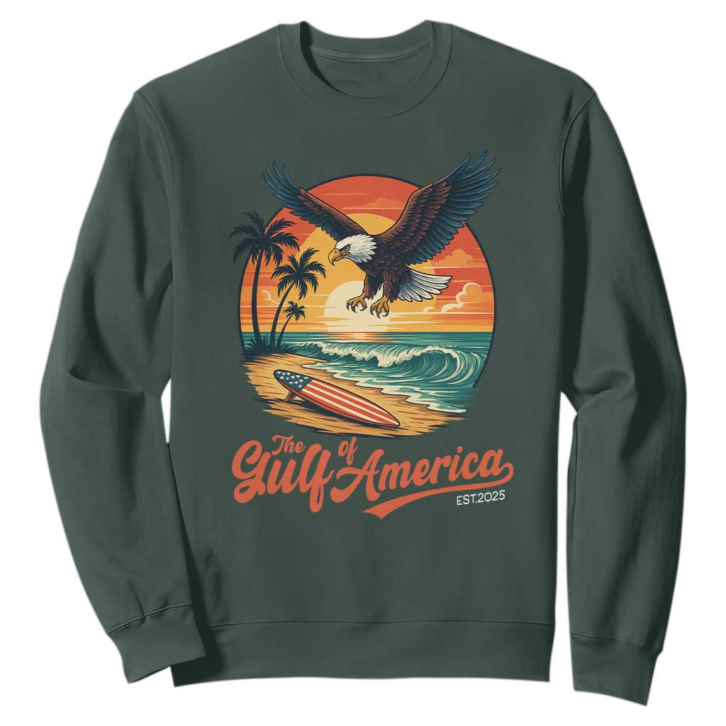 Gulf of USA 2025 Bald Eagle Sweatshirt Vintage Patriotic Beach Sunset 4th Of July TS02 Dark Forest Green Print Your Wear