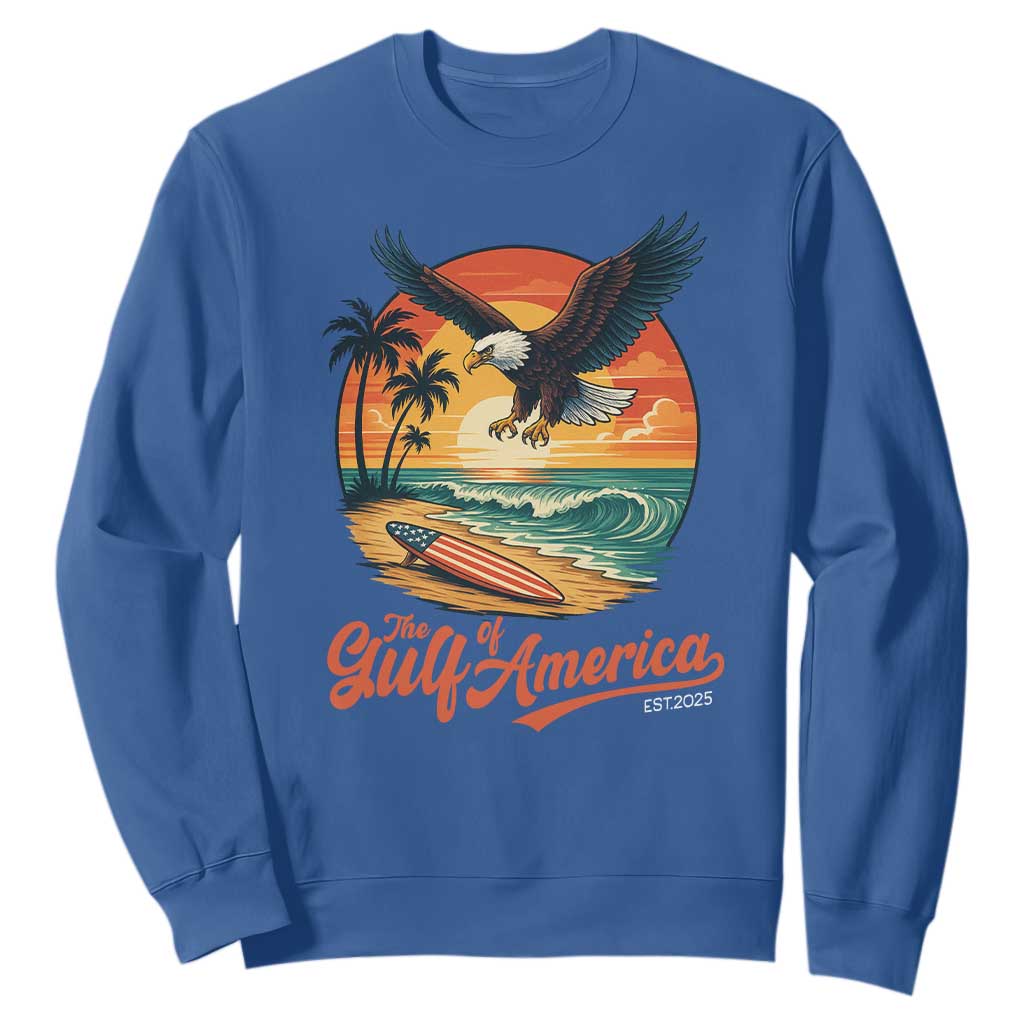 Gulf of USA 2025 Bald Eagle Sweatshirt Vintage Patriotic Beach Sunset 4th Of July TS02 Royal Blue Print Your Wear