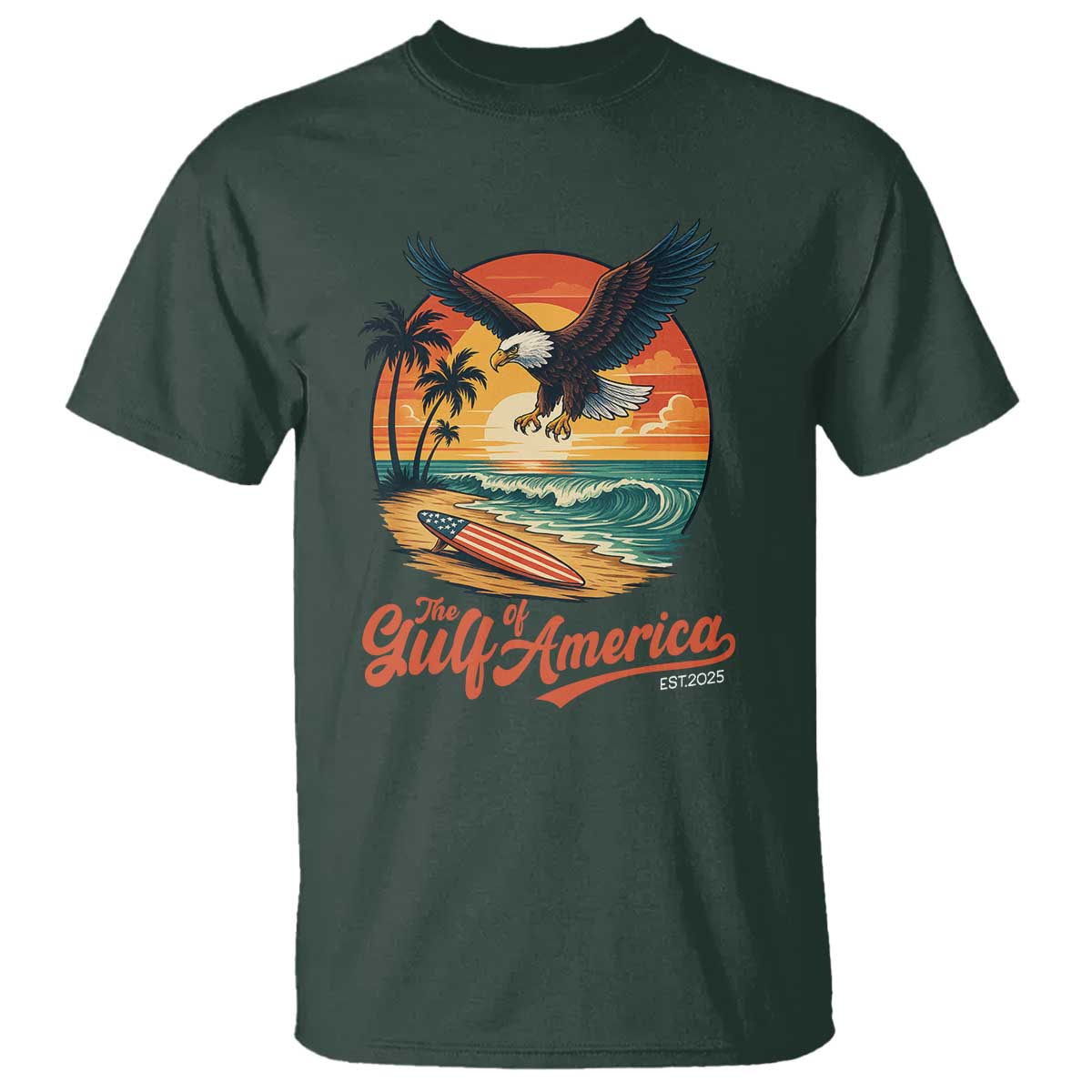 Gulf of USA 2025 Bald Eagle T Shirt Vintage Patriotic Beach Sunset 4th Of July TS02 Dark Forest Green Print Your Wear