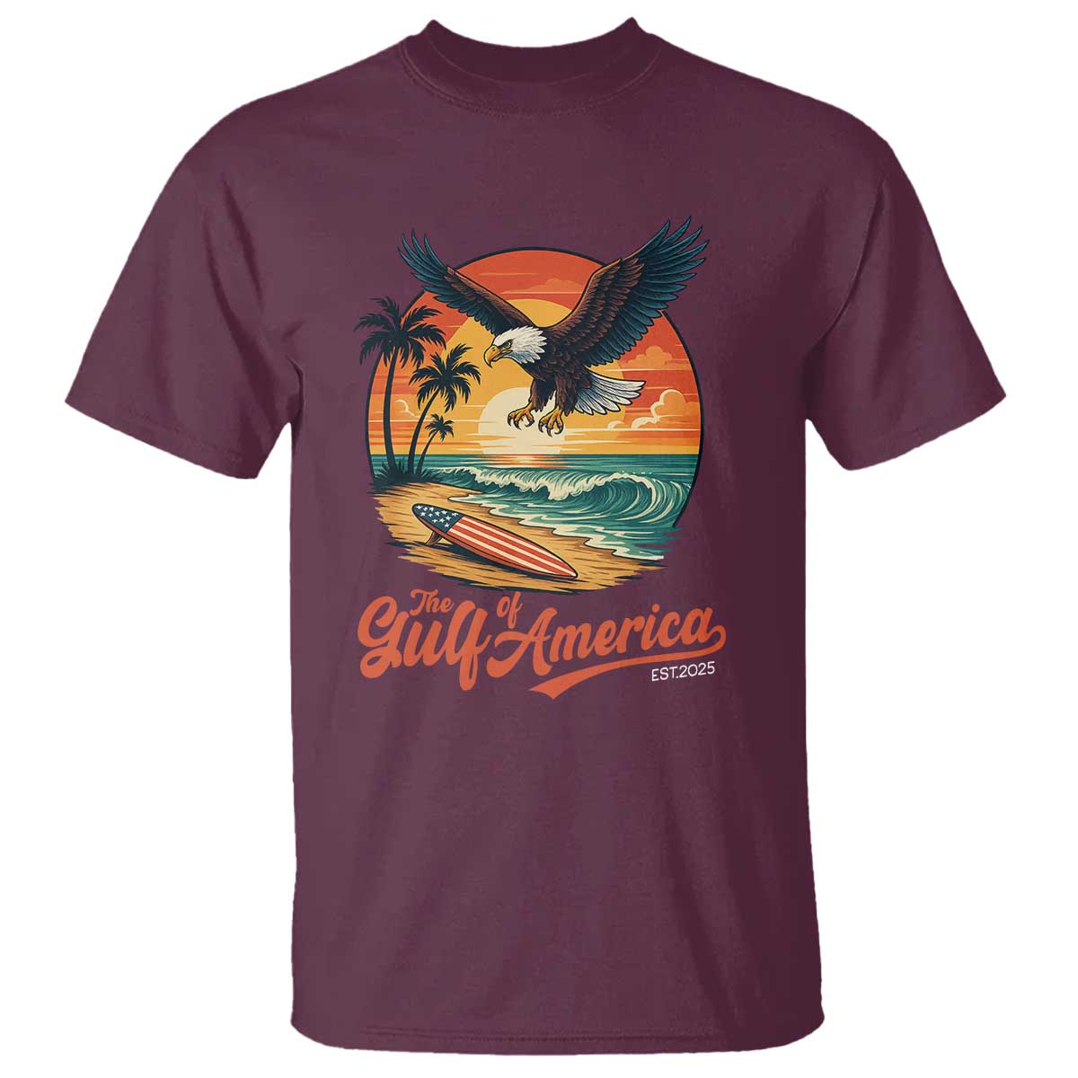 Gulf of USA 2025 Bald Eagle T Shirt Vintage Patriotic Beach Sunset 4th Of July TS02 Maroon Print Your Wear