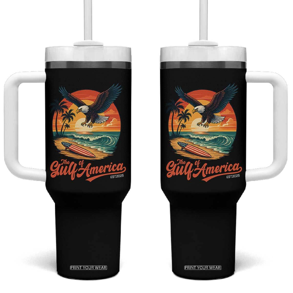 Gulf of USA 2025 Bald Eagle Tumbler With Handle Vintage Patriotic Beach Sunset 4th Of July TS02 One Size: 40 oz Black Print Your Wear