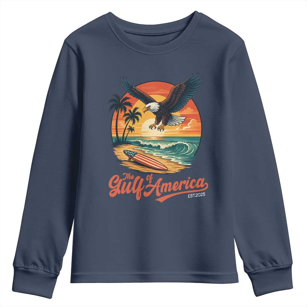Gulf of USA 2025 Bald Eagle Youth Sweatshirt Vintage Patriotic Beach Sunset 4th Of July TS02 Navy Print Your Wear