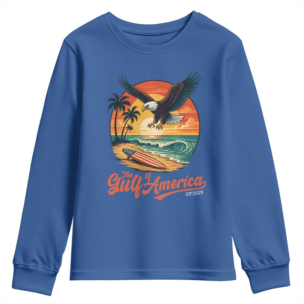 Gulf of USA 2025 Bald Eagle Youth Sweatshirt Vintage Patriotic Beach Sunset 4th Of July TS02 Royal Blue Print Your Wear