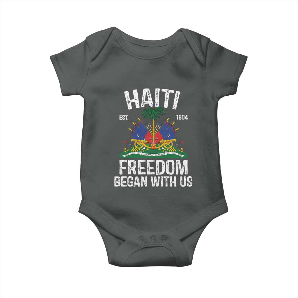 Haiti Freedom Began With Us Baby Onesie Haitian Flag Day TS11 Dark Heather Print Your Wear