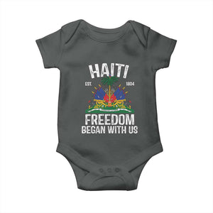 Haiti Freedom Began With Us Baby Onesie Haitian Flag Day TS11 Dark Heather Print Your Wear