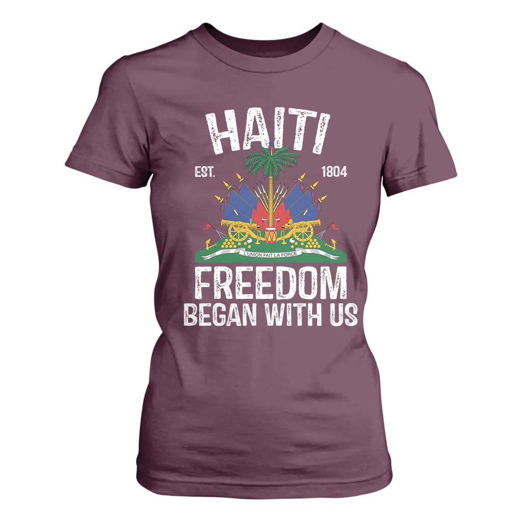 Haiti Freedom Began With Us T Shirt For Women Haitian Flag Day TS11 Maroon Print Your Wear