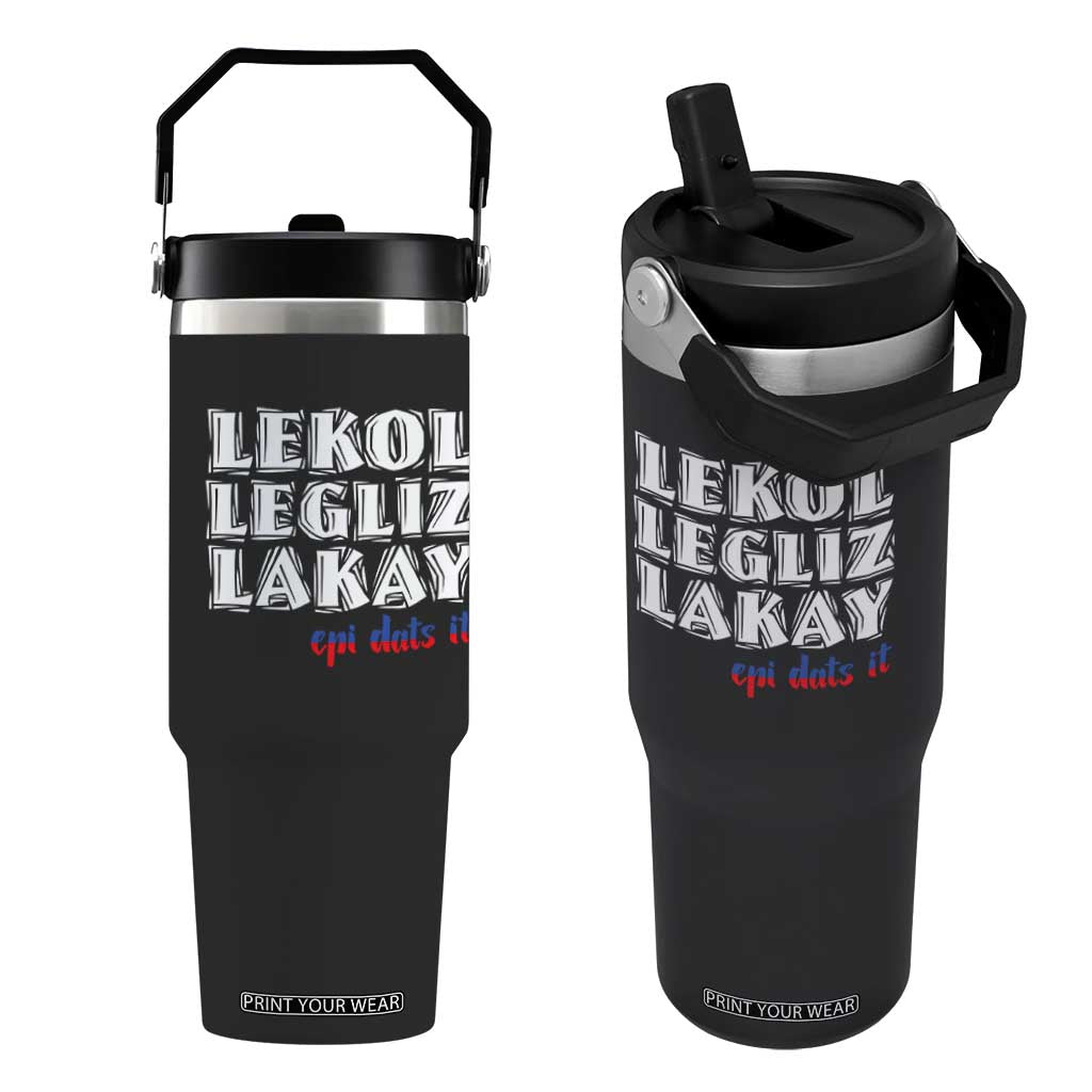 Haitian Pride Flip Straw Tumbler Haitian Lekol Legliz Lakay Haiti Flag Creole Saying TS11 One Size: 30 oz Black Print Your Wear