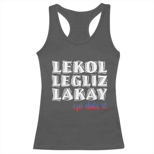 Haitian Pride Racerback Tank Top Haitian Lekol Legliz Lakay Haiti Flag Creole Saying TS11 Dark Heather Print Your Wear