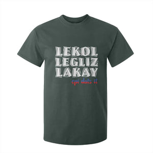 Haitian Pride T Shirt For Kid Haitian Lekol Legliz Lakay Haiti Flag Creole Saying TS11 Dark Forest Green Print Your Wear