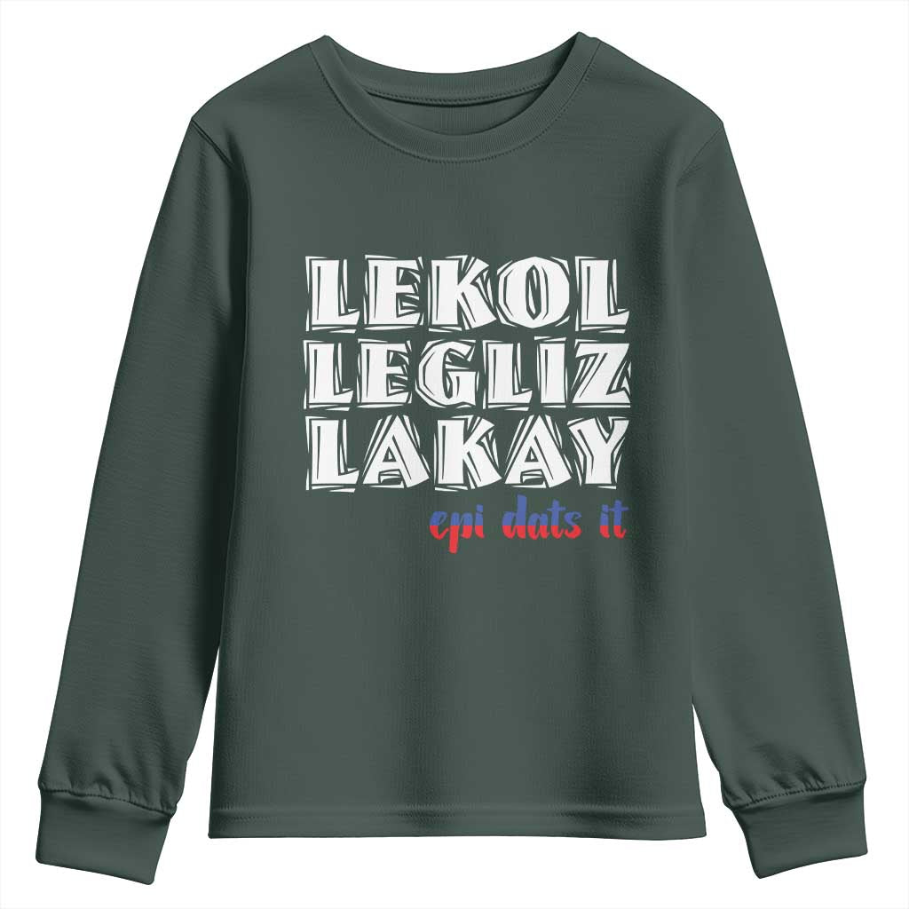 Haitian Pride Youth Sweatshirt Haitian Lekol Legliz Lakay Haiti Flag Creole Saying TS11 Dark Forest Green Print Your Wear