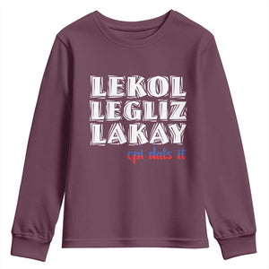 Haitian Pride Youth Sweatshirt Haitian Lekol Legliz Lakay Haiti Flag Creole Saying TS11 Maroon Print Your Wear