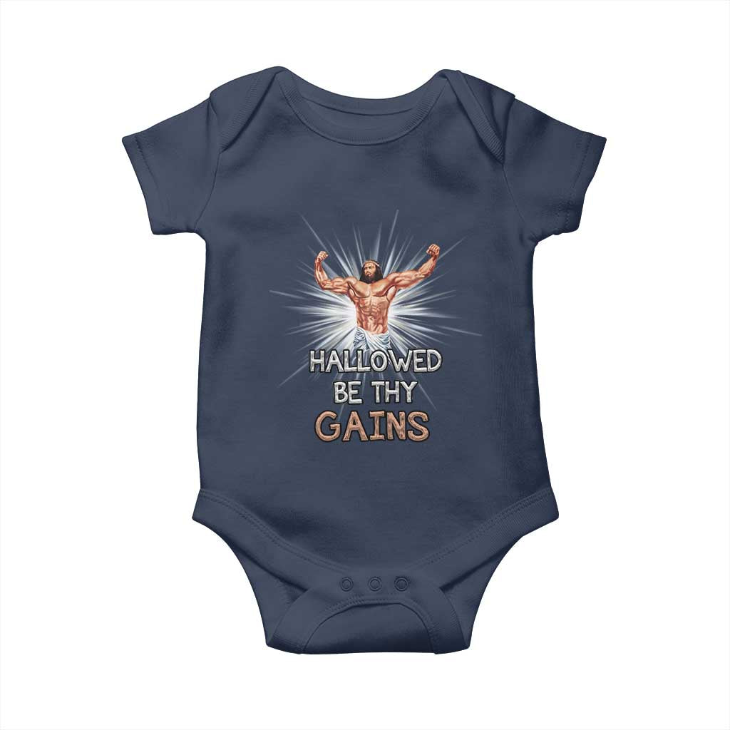 Hallowed Be Thy Gains Baby Onesie Funny Jesus Workout Motivation Bodybuilding Fitness TS02 Navy Print Your Wear