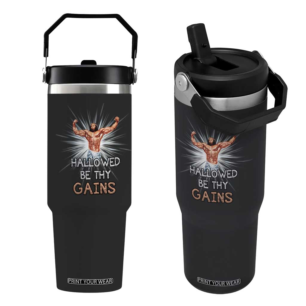 Hallowed Be Thy Gains Flip Straw Tumbler Funny Jesus Workout Motivation Bodybuilding Fitness TS02 One Size: 30 oz Black Print Your Wear