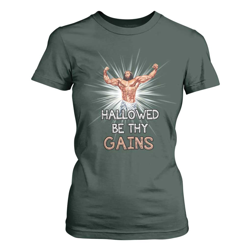 Hallowed Be Thy Gains T Shirt For Women Funny Jesus Workout Motivation Bodybuilding Fitness TS02 Dark Forest Green Print Your Wear