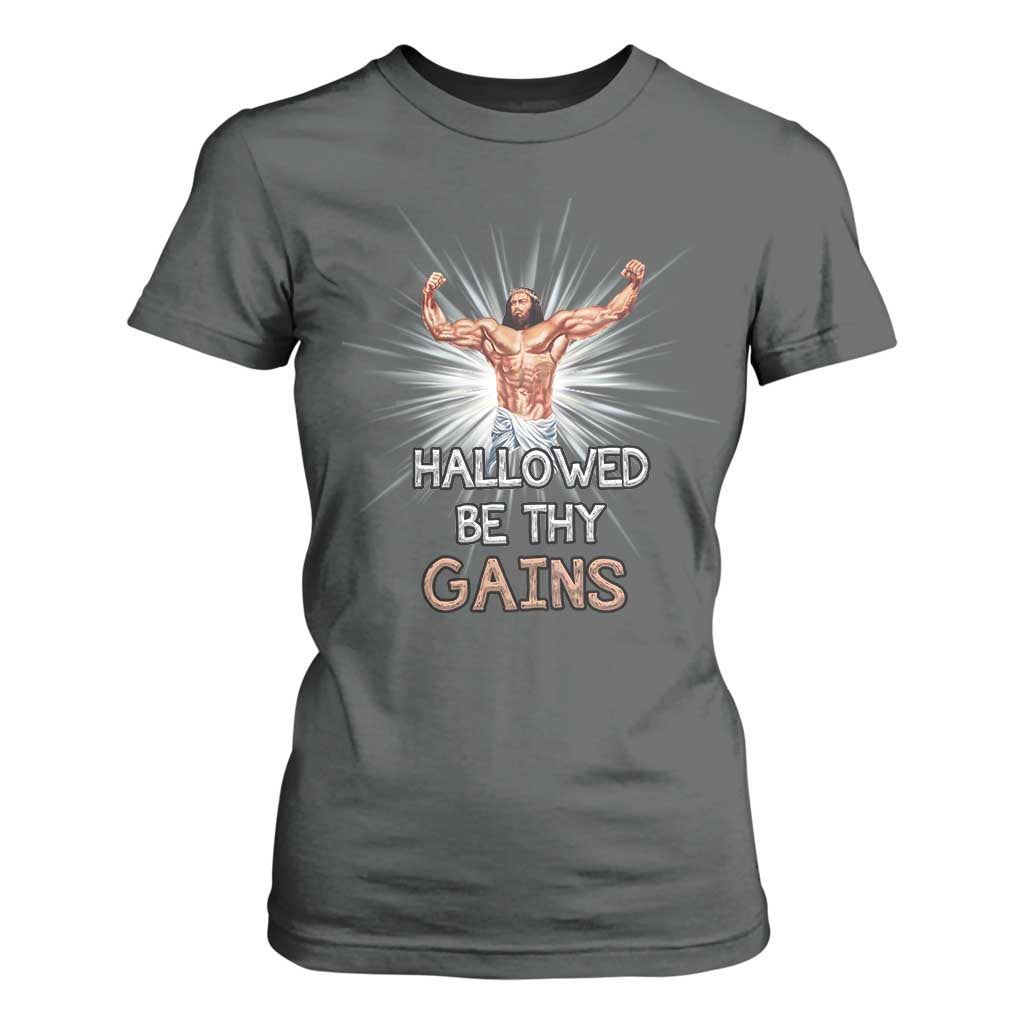 Hallowed Be Thy Gains T Shirt For Women Funny Jesus Workout Motivation Bodybuilding Fitness TS02 Dark Heather Print Your Wear