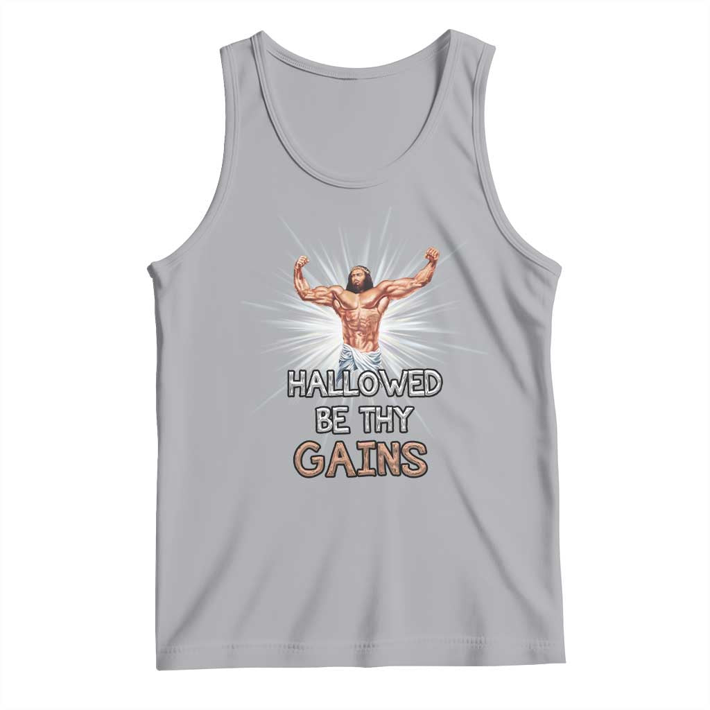 Hallowed Be Thy Gains Tank Top Funny Jesus Workout Motivation Bodybuilding Fitness TS02 Athletic Heather Print Your Wear