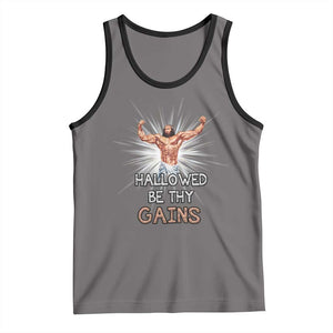 Hallowed Be Thy Gains Tank Top Funny Jesus Workout Motivation Bodybuilding Fitness TS02 Deep Heather Black Print Your Wear