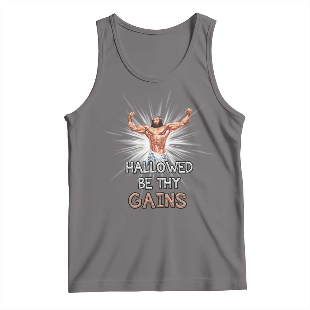 Hallowed Be Thy Gains Tank Top Funny Jesus Workout Motivation Bodybuilding Fitness TS02 Deep Heather Print Your Wear