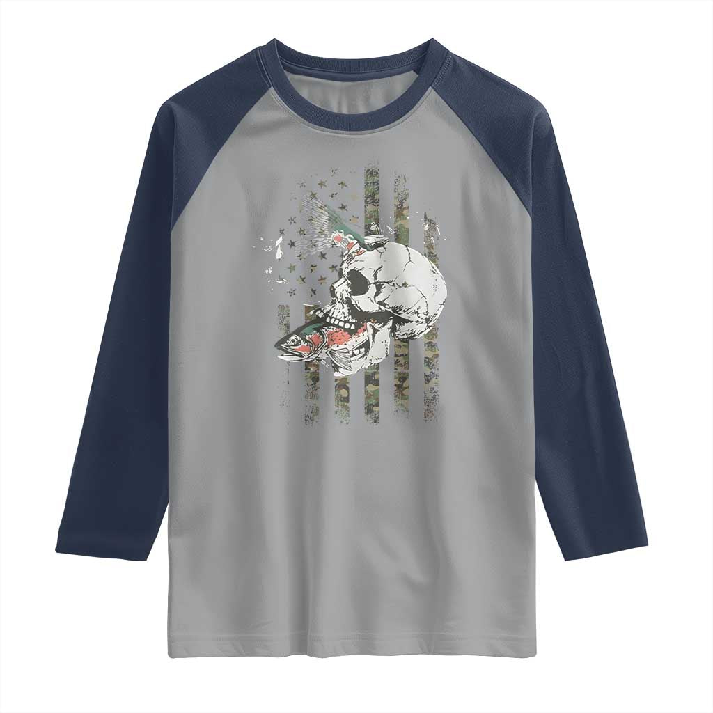 Halloween Fishing Skeleton Skull Raglan Shirt American Flag Camo Fish Skull Fisherman Gifts TS10 Sport Gray Navy Print Your Wear