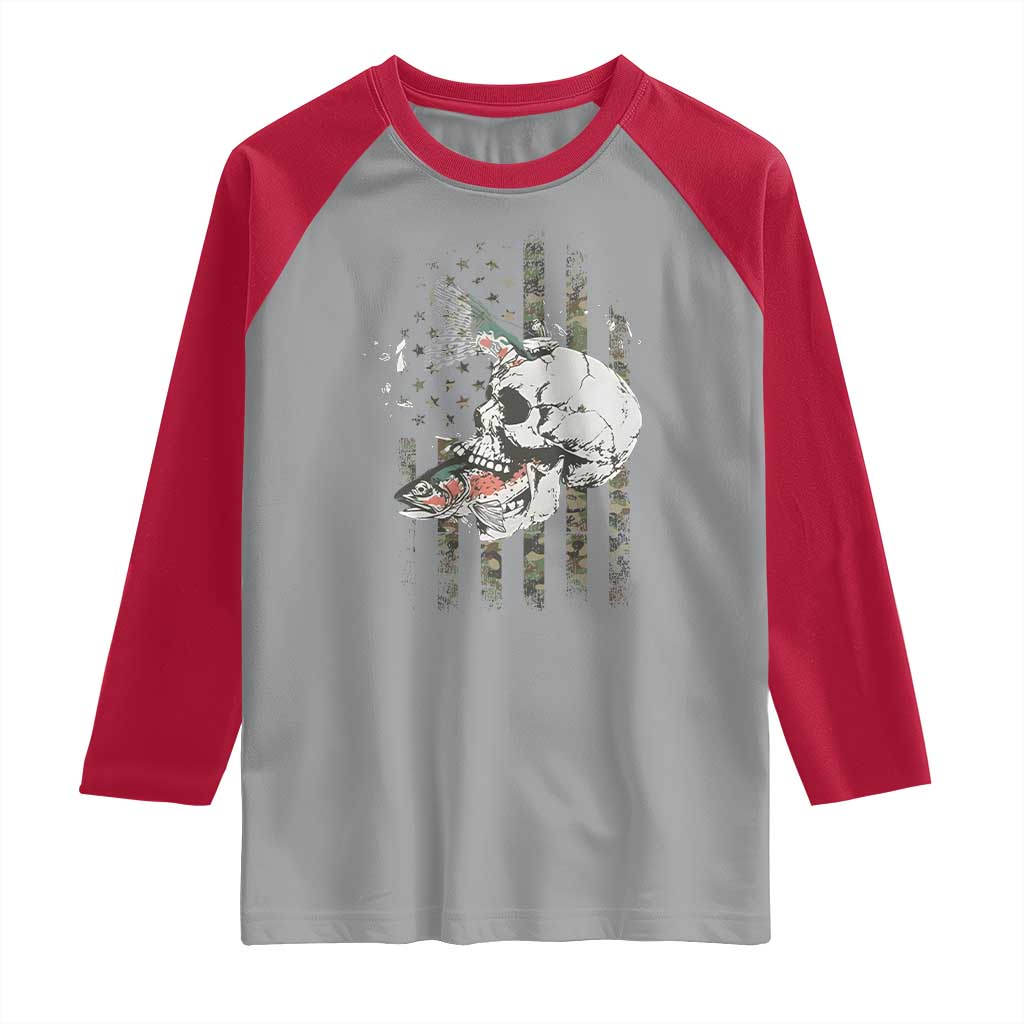 Halloween Fishing Skeleton Skull Raglan Shirt American Flag Camo Fish Skull Fisherman Gifts TS10 Sport Gray Red Print Your Wear
