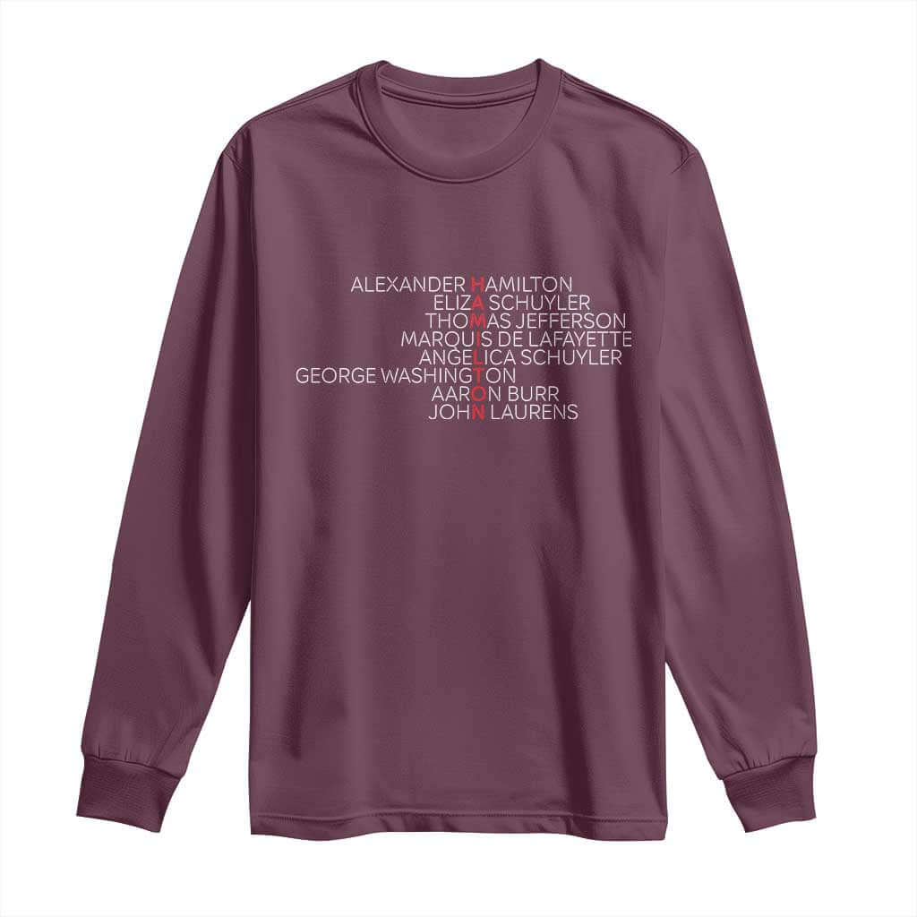 Hamilton Eliza Jefferson Angelica & Burr Names Long Sleeve Shirt TS10 Maroon Print Your Wear