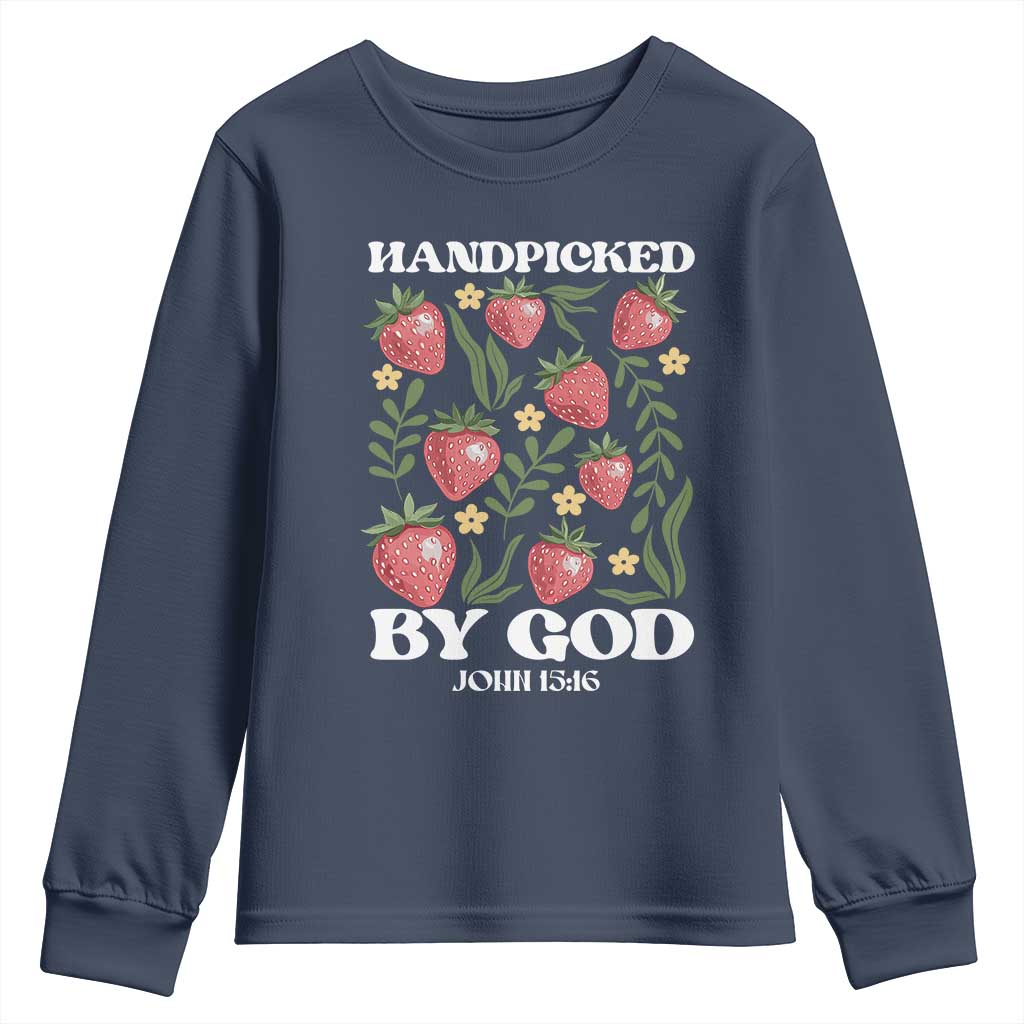 Handpicked By God Youth Sweatshirt Religious Christian Bible Verse Strawberries TS11 Navy Print Your Wear