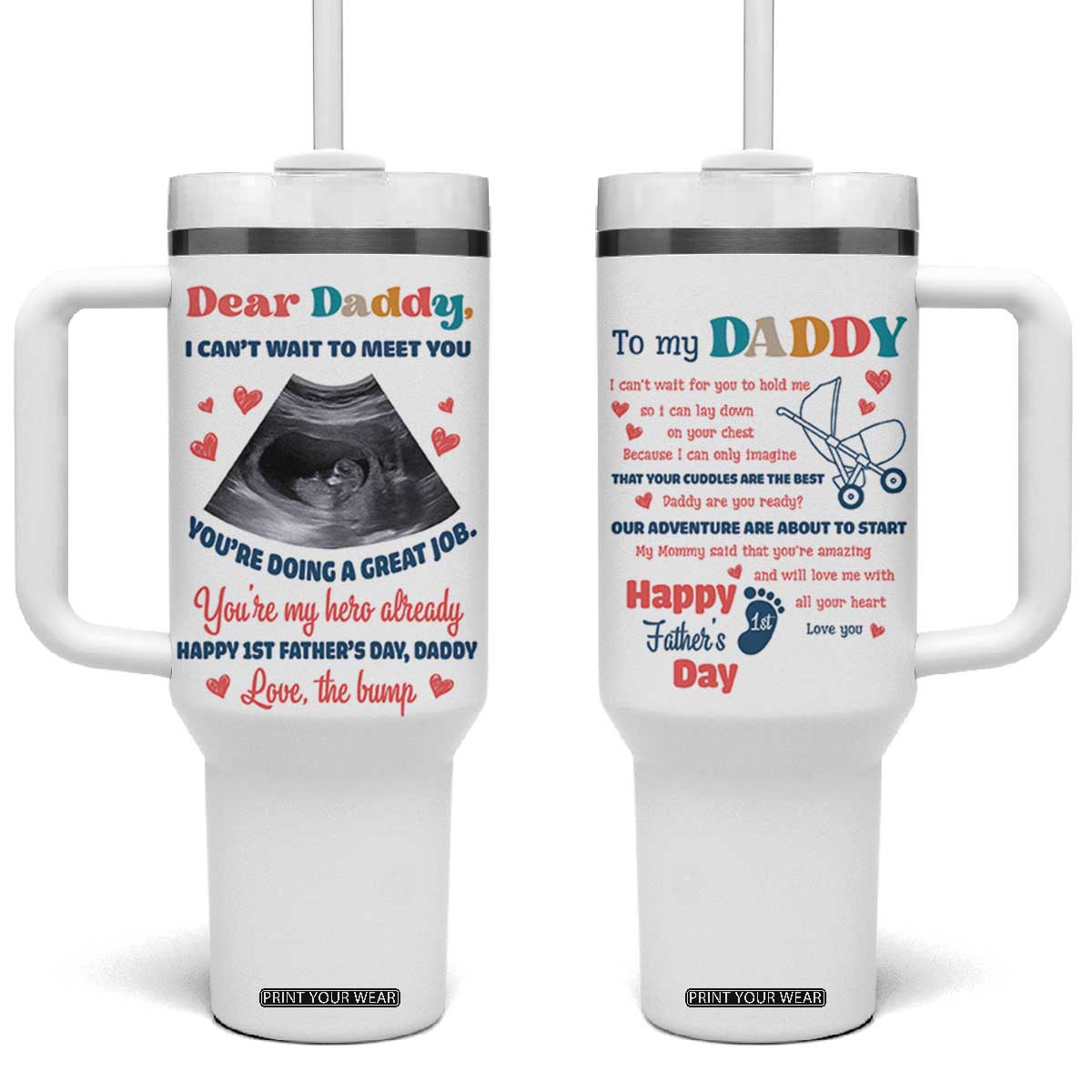 Happy First Fathers Day Tumbler With Handle New Dad 1st Time Daddy Announcement TB10 One Size: 40 oz White Print Your Wear