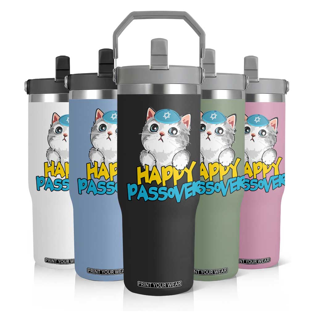 Happy Passover Cute Cat Flip Straw Tumbler Seder Jewish Pesach TS02 Print Your Wear