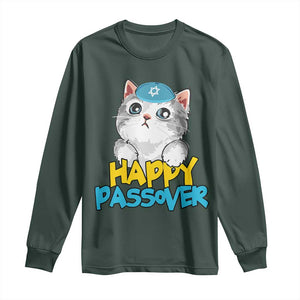 Happy Passover Cute Cat Long Sleeve Shirt Seder Jewish Pesach TS02 Dark Forest Green Print Your Wear