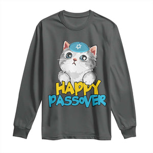 Happy Passover Cute Cat Long Sleeve Shirt Seder Jewish Pesach TS02 Dark Heather Print Your Wear