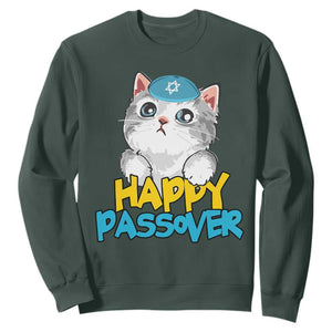 Happy Passover Cute Cat Sweatshirt Seder Jewish Pesach TS02 Dark Forest Green Print Your Wear