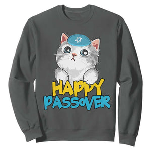 Happy Passover Cute Cat Sweatshirt Seder Jewish Pesach TS02 Dark Heather Print Your Wear