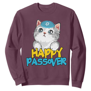 Happy Passover Cute Cat Sweatshirt Seder Jewish Pesach TS02 Maroon Print Your Wear
