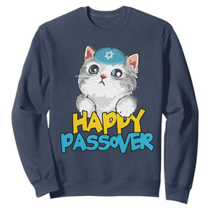 Happy Passover Cute Cat Sweatshirt Seder Jewish Pesach TS02 Navy Print Your Wear
