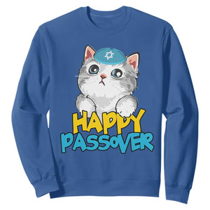 Happy Passover Cute Cat Sweatshirt Seder Jewish Pesach TS02 Royal Blue Print Your Wear