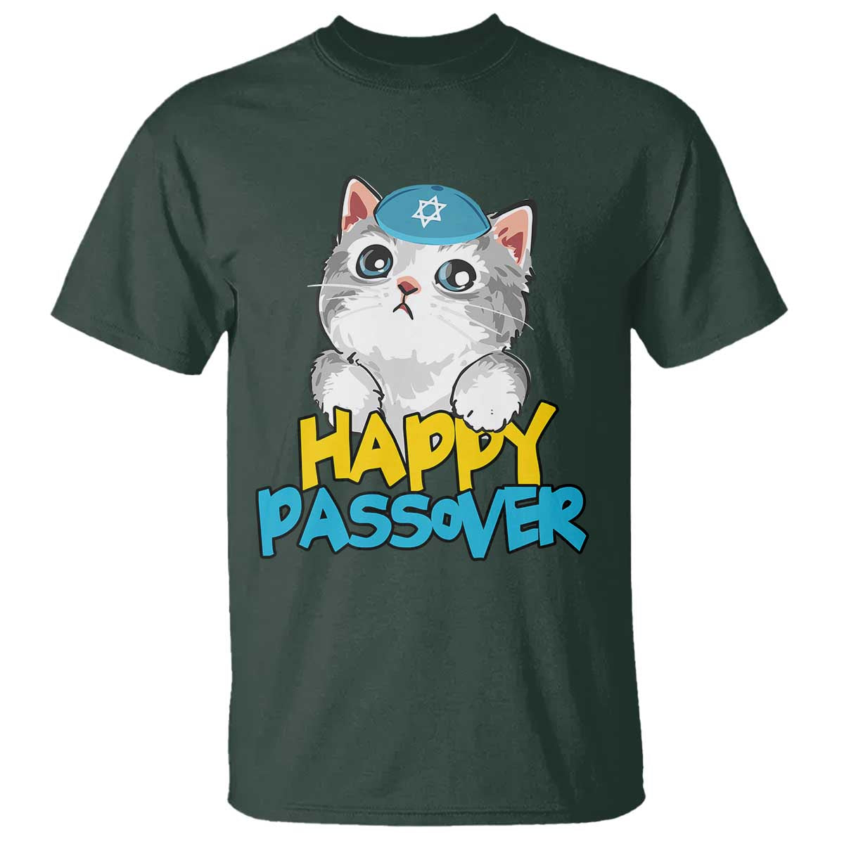 Happy Passover Cute Cat T Shirt Seder Jewish Pesach TS02 Dark Forest Green Print Your Wear