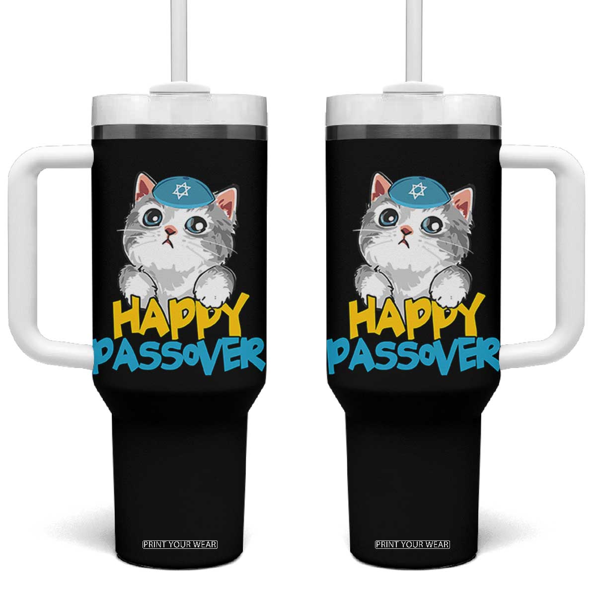 Happy Passover Cute Cat Tumbler With Handle Seder Jewish Pesach TS02 One Size: 40 oz Black Print Your Wear