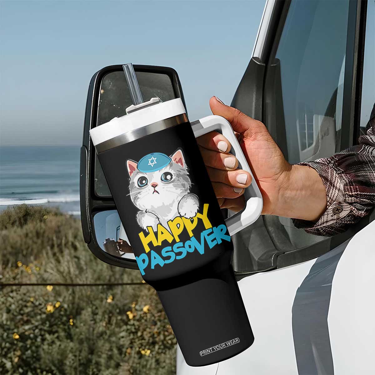 Happy Passover Cute Cat Tumbler With Handle Seder Jewish Pesach TS02 Print Your Wear