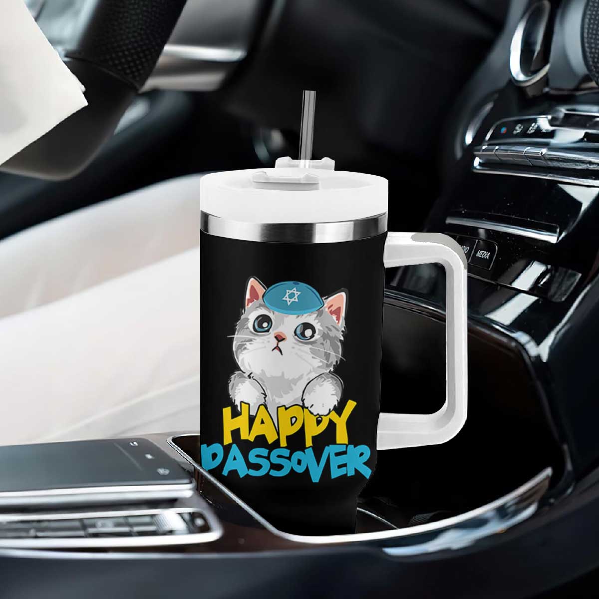 Happy Passover Cute Cat Tumbler With Handle Seder Jewish Pesach TS02 Print Your Wear
