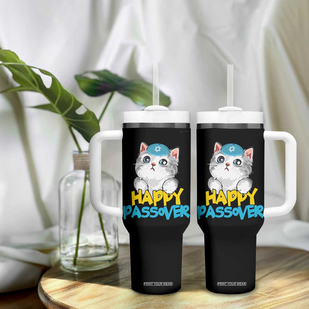 Happy Passover Cute Cat Tumbler With Handle Seder Jewish Pesach TS02 Print Your Wear