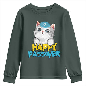 Happy Passover Cute Cat Youth Sweatshirt Seder Jewish Pesach TS02 Dark Forest Green Print Your Wear