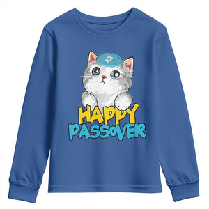 Happy Passover Cute Cat Youth Sweatshirt Seder Jewish Pesach TS02 Royal Blue Print Your Wear