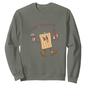 Happy Passover Matzah Drinking Sweatshirt Wine and Matzo Matzatarian Funny Pesach Jewish TS02 Military Green Print Your Wear