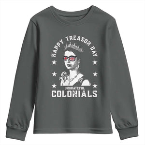 Happy Treason Day Youth Sweatshirt British Queen Funny July 4th Colonial Meme TS10 Dark Heather Print Your Wear