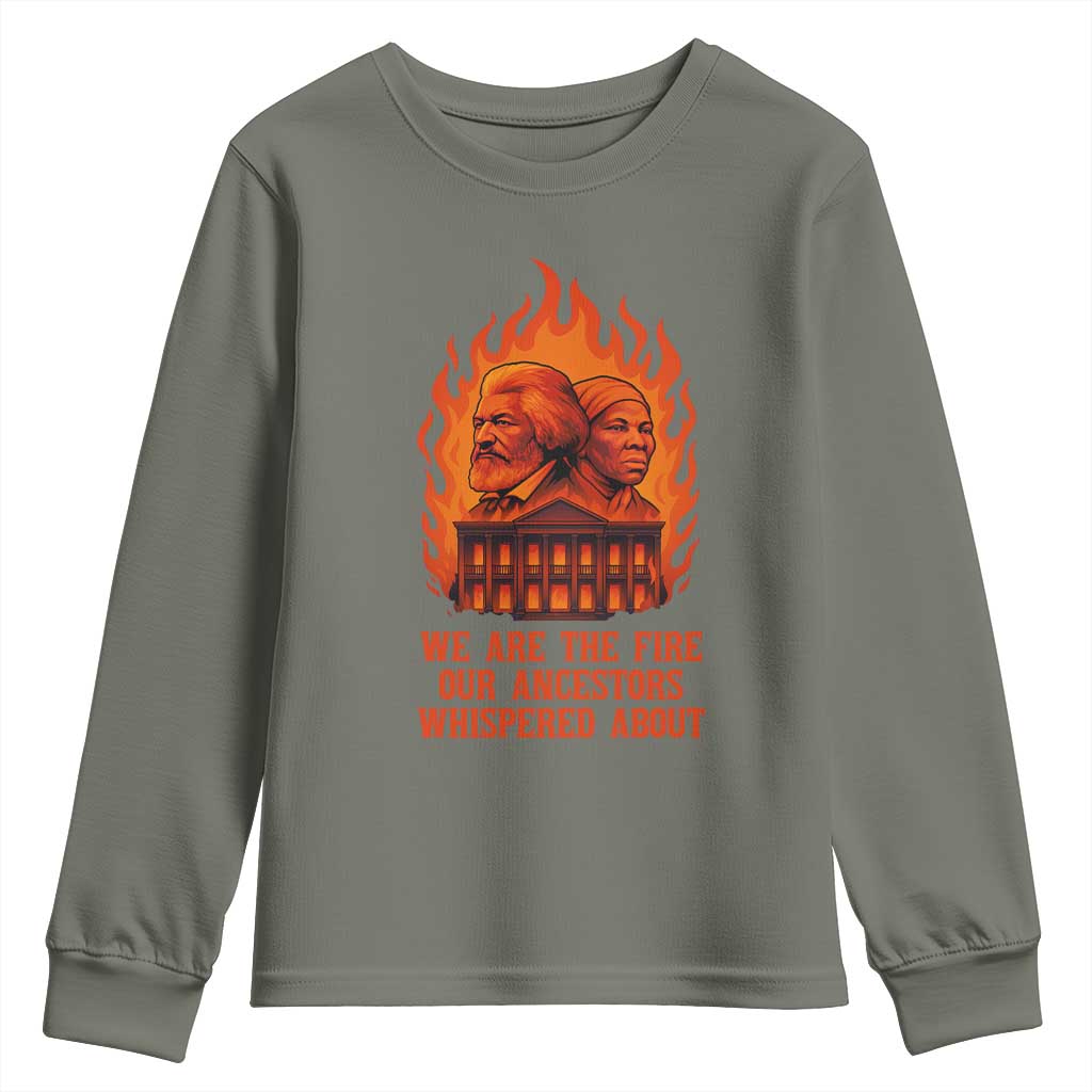 Harriet Tubman and Frederick Douglass Youth Sweatshirt We Are the Fire Our Ancestors Whispered About Juneteenth 1865 TS02 Military Green Print Your Wear